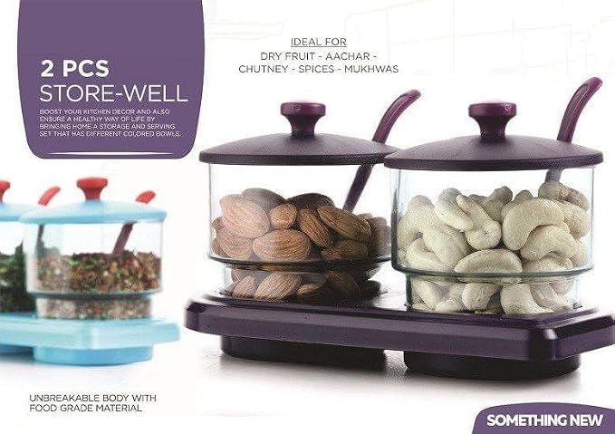 Clear Glass Dry Fruit Jar Set with Lid and Spoon (Pack of 2)(ASSORTED COLORS)