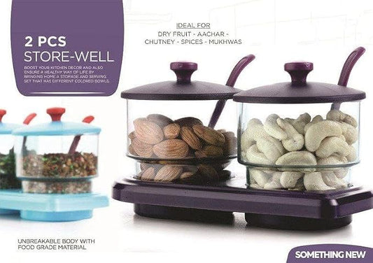 Clear Glass Dry Fruit Jar Set with Lid and Spoon (Pack of 2)(ASSORTED COLORS)