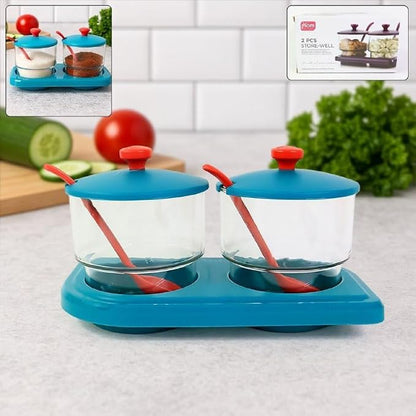 Clear Glass Dry Fruit Jar Set with Lid and Spoon (Pack of 2)(ASSORTED COLORS)