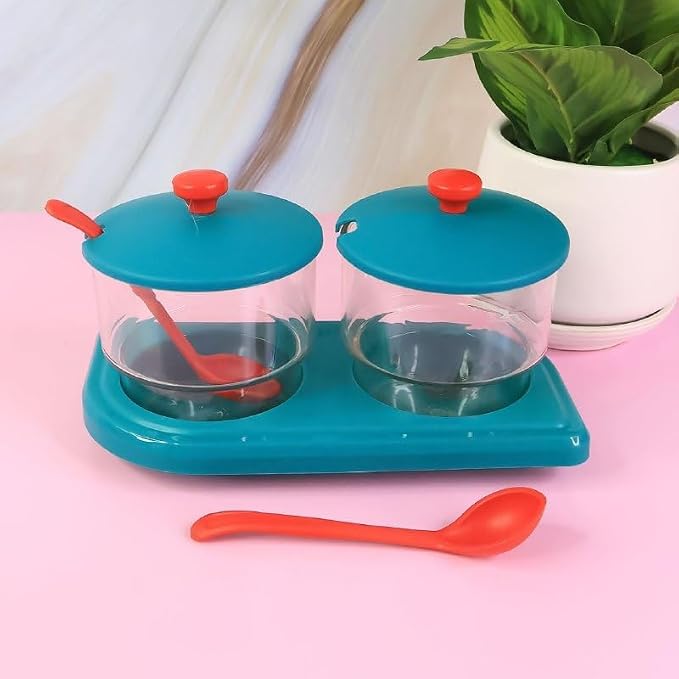 Clear Glass Dry Fruit Jar Set with Lid and Spoon (Pack of 2)(ASSORTED COLORS)