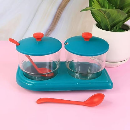 Clear Glass Dry Fruit Jar Set with Lid and Spoon (Pack of 2)(ASSORTED COLORS)